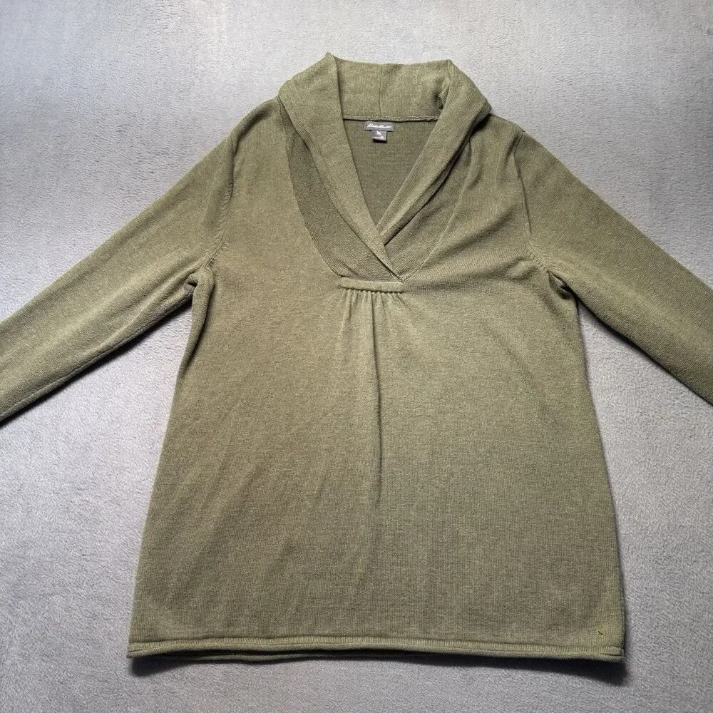 Eddie Bauer Womens XL Shawl Collar Sweater Olive Green Knit Pullover EUC